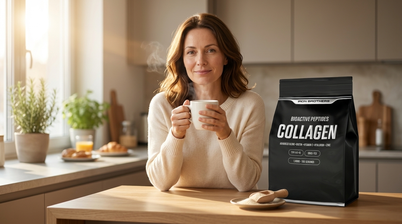 Frau mit Kaffeetasse und Iron Brothers Collagen Advanced Beutel