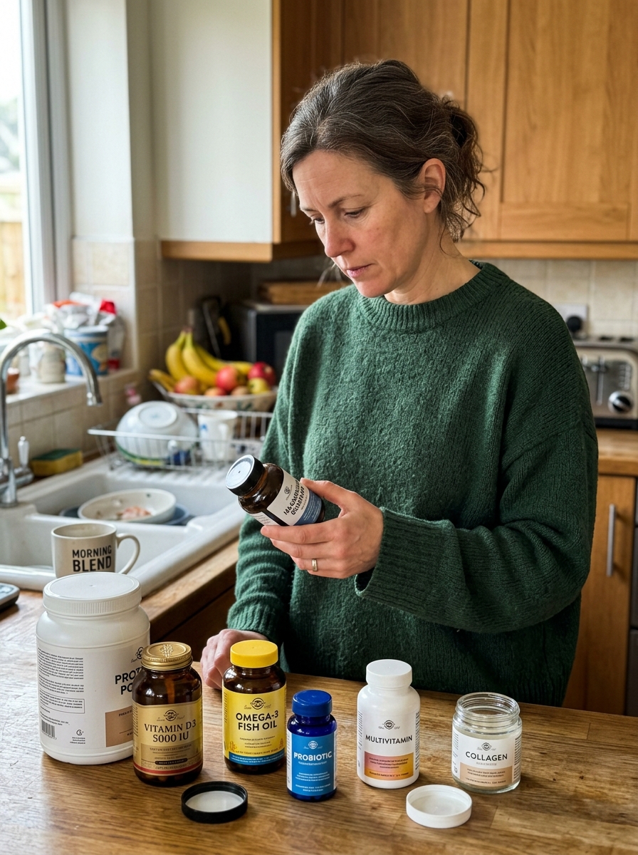 Frau liest Gesundheitsmagazin mit Tee zuhause